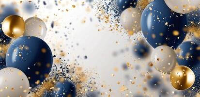 AI generated blue confetti and gold balloons floating in the air photo