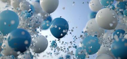 AI generated blue and white balloons with little blue and white confetti photo