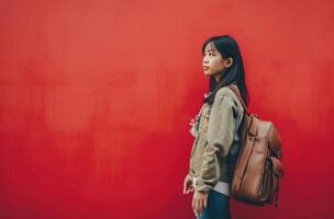 AI generated asian woman holding a suitcase with a book against red wall photo