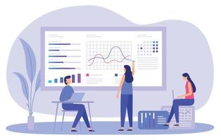 Business marketing strategy. Man and woman analyzing data, making presentation with charts about investments vector