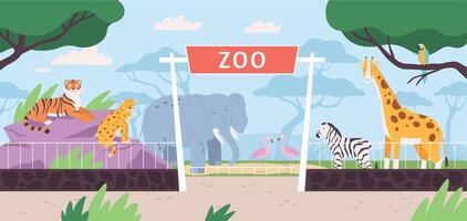 Cartoon zoo park entrance gate with savannah and jungle animals. Flat safari landscape with zebra, african elephant and giraffe vector scene