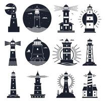 faros logo. náutico Clásico etiqueta, mar balizas, Oceano con olas y Gaviotas noche faro torre, navegación edificio vector conjunto