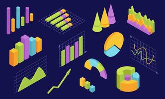 isométrica gráficos estadística cartas para negocio. 3d infografía diagrama y gráfico ola. economía análisis web interfaz elementos vector conjunto