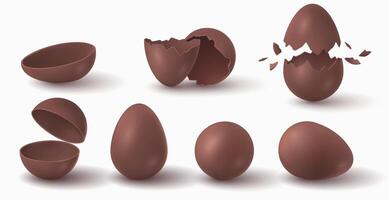 Realistic broken, cracked and exploded easter chocolate eggs. Choco ball half. Open sweet surprise egg. Dark cocoa confectionery vector set