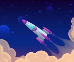 Rocket launch among clouds and sky. Cartoon spaceship flight in cosmos. Galaxy traveling. Startup project vector