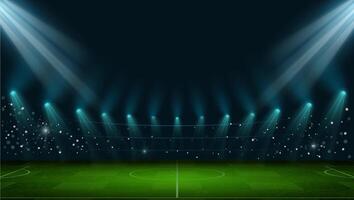 Soccer arena. Realistic european football stadium with grass field, lights and spotlights. 3d ball sport game playground vector night scene