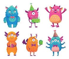 Cartoon party monsters celebrating happy event. Cute fluffy characters with friendly smiles holding birthday cake vector