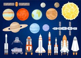 Space elements. Solar system planets, sun, spaceship, rocket, satellites, mars and moon rover. Universe exploring. Cartoon cosmic vector set