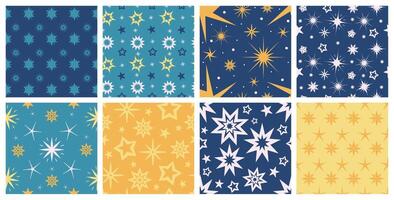 Flat seamless patterns with colorful stars for nursery wallpaper. Starry night sky texture. Blue cartoon galaxy with star symbols vector set