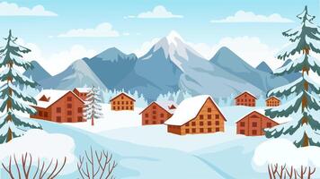 Winter mountain with cottages. Houses in snowy alpine peaks for wintertime holidays vacation. Cartoon landscape of ski resort vector concept