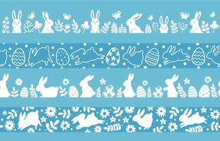 Easter silhouette borders with bunny, eggs and flowers. Spring meadow ornament for traditional easter decoration. Rabbit vector patterns set