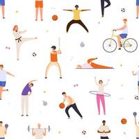 People exercise seamless pattern. Active man and woman do yoga, sport, ride bicycle and play basketball. Flat healthy lifestyle vector print