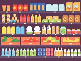 Supermarket shelves with food products. Grocery store shelf with assortment, pasta, diary, flour, fruits and drinks. Market vector concept