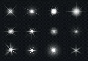 bengalas y espumoso estrellas efecto. blanco ligero explosión, brillante destello. magia estallido estelar, realista resplandor conjunto vector