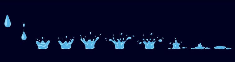 Cartoon water drop splashes and ripples animation sprite sheet. Falling drops and splat effect for games. Raindrop motion vector sequence