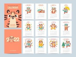 Calendar 2022 with cute tigers. Covers and 12 month pages with animal characters season activities. Chinese new year symbol vector planner