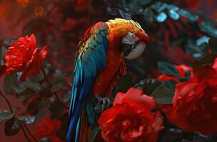 AI generated red roses and a colorful parrot photo