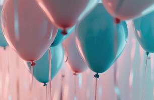 ai generado azul globos colgando desde rosado techo foto