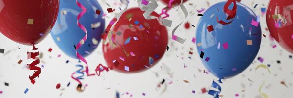 AI generated colorful balloons flying with ribbons and confetti photo