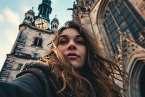 ai generado su selfie en frente de un grande reloj torre en Munich foto