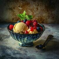 AI generated ice cream bowl with berries and mint photo