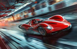 ai generado en un más temprano Arte ilustración un rojo carreras coche se mueve a alto velocidad en movimiento foto