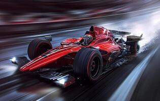 AI generated in a ealier art illustration a red racing car moves at high speed in motion photo