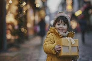 AI generated happy child holding package while walking along street photo