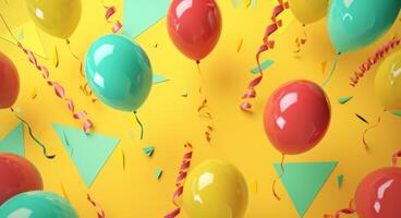 AI generated happy birthday greeting card with balloons in a yellow background photo