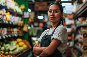 AI generated female store clerk standing with arms crossed in a market photo