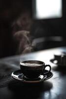 AI generated hot coffee in dark room and black table photo