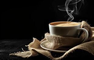 AI generated in a burlap bag, a cup of coffee, with steam coming from it photo