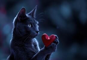 AI generated grey cat holding a red heart photo