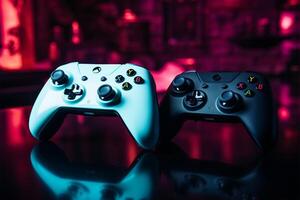 Side by side, two game controllers await players eager hands AI Generated photo