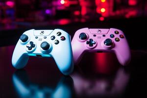 Dual video game controllers rest in tandem, primed for gameplay AI Generated photo