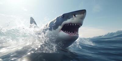 ai generado el genial blanco tiburón es nadando debajo Oceano ola foto