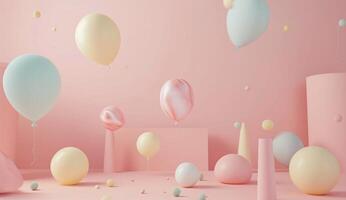 ai generado rosa, azul, amarillo, y blanco globos flotante en un rosado antecedentes foto