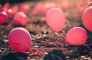 AI generated the different pink balloons are floating on the ground photo