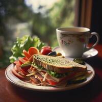 AI generated the plate contains a free sandwich with a cup of coffee photo