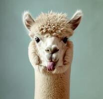 ai generado el alpaca tiene su lengua fuera y es posando para el cámara foto