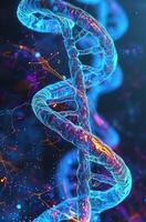 AI generated strands of blue dna as a dark background strands of blue dna photo