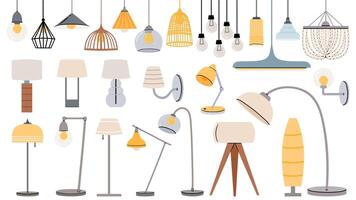 Cartoon lamps. Cozy flat torcheres, hanging chandeliers and lamp for table, floor. Home illumination design for modern interior vector set