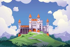 medieval castillo paisaje. dibujos animados medieval castillo con torres y Roca paredes, hada cuento palacio y princesa castillo. vector fantasía antecedentes