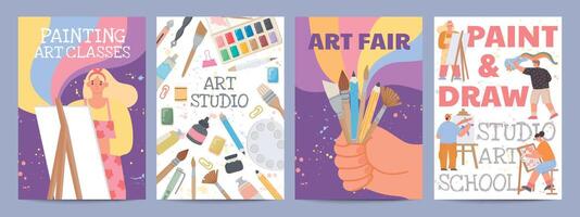 Art school or classes posters with characters and painting supply. Creative drawing course banners with paint brush and material vector set