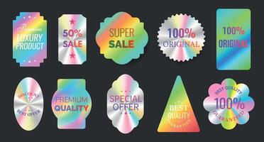 Quality hologram foil sticker labels for original products. Geometric seal for official certification, guarantee and sale emblems vector set