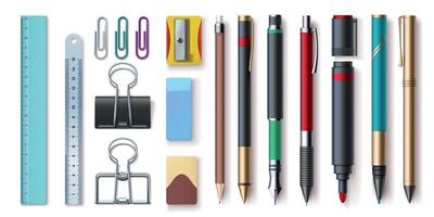 Realistic office stationery, writing tools, paper clips, and ruler. Pen, pencil, marker, sharpener and eraser. 3d school supplies vector set