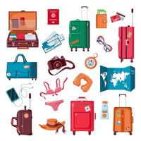 Travel stuff. Cartoon luggage, clothes, map, camera, passport and airplane tickets. Packed suitcase. Summer vacation accessories vector set