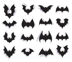 Paper bats. Halloween symbol of creepy flying animal with wings. 3d vampire party decoration. Scary bat horror black silhouettes vector set