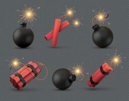 Realistic 3d bomb, tnt and dynamite sticks with burning fuse. Explosive military weapon or firecrackers with wick. Black bombs vector set