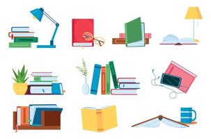 Reading literature, flat book stacks and piles for study. Open and closed books with lamp. Bookstore, school or audiobook vector concept set